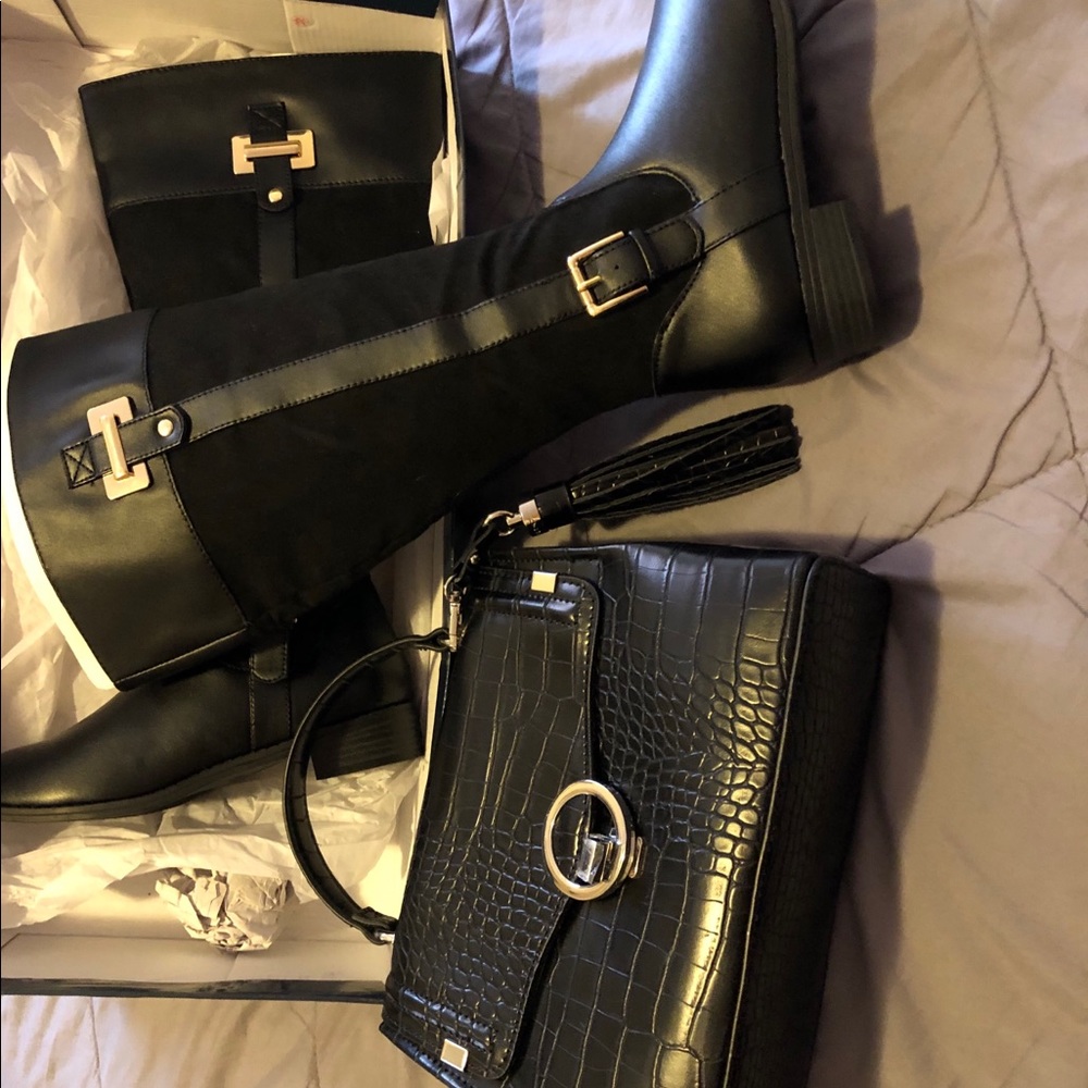 number 6 leather boots and black leather wallet